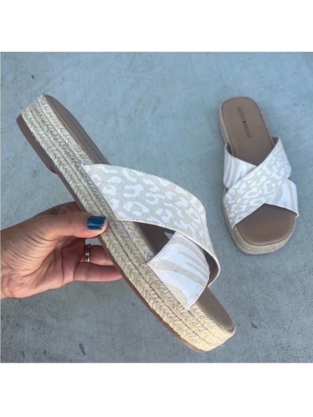 Lucky Animal Print slip on heeled Sandals/Slides Sz 9.5 Espadrille Cream Beige